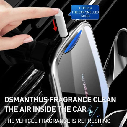 Infrared Wireless Car Charger and Air Outlet Holder vent mount with infrared auto-clamp, wireless charging and fragrance vent attachment