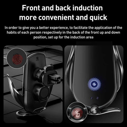 Automatic Wireless Car Phone Holder Air Vent Mount showing vent clip, front/back induction sensors and illuminated wireless charging pad