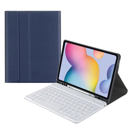Bluetooth Keyboard Leather Case for Samsung Galaxy Tab S9 FE+ shown open with detachable white Bluetooth keyboard and navy protective folio