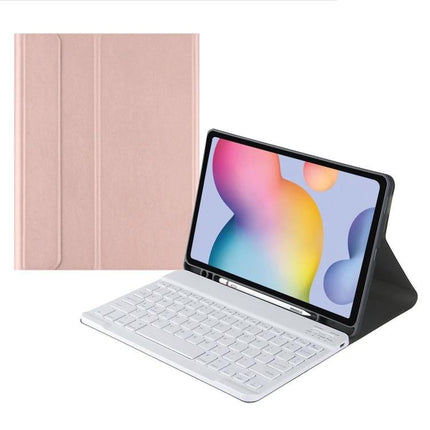 Bluetooth Keyboard Leather Case for Samsung Galaxy Tab S9 FE+ shown in folio stand with detachable white keyboard and rose gold cover