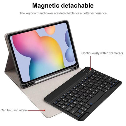 Bluetooth Keyboard Leather Case for Samsung Galaxy Tab S9 FE+ showing magnetic detachable keyboard and protective folio, Bluetooth connection within 10m