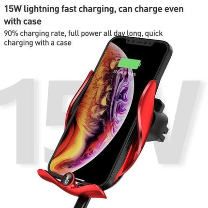 Infrared Induction Wireless Car Vent Holder With Fast Charging showing red automatic clamp holding a smartphone charging 15W