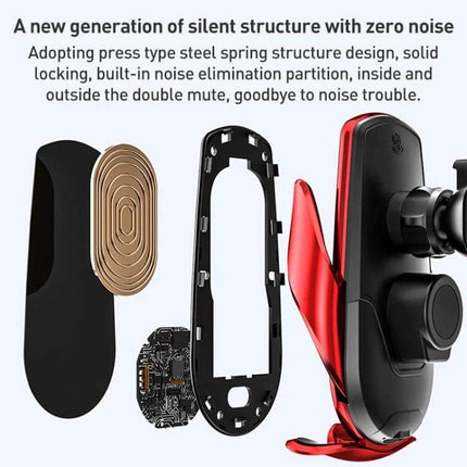 Infrared Induction Wireless Car Vent Holder With Fast Charging showing exploded view, automatic clamp, silent structure and internal charging components