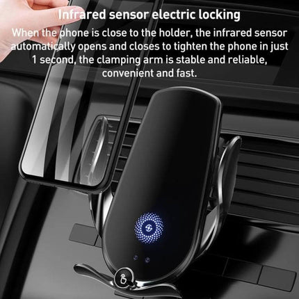 Infrared Induction Wireless Car Holder For Air Outlet showing automatic infrared sensor locking on car vent mount, hands-free wireless charging-ready design