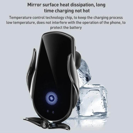 Infrared Induction Wireless Car Holder For Air Outlet - sleek black automatic wireless charging phone mount with mirror surface and cooling ice visual