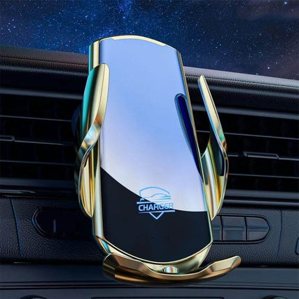 Infrared Induction Wireless Car Charger For Air Vent Mount showing hands-free magnetic grip on car air vent for navigation and charging