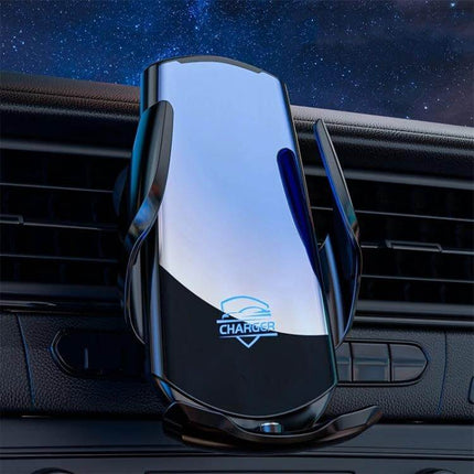 Infrared Induction Wireless Car Charger For Air Vent Mount showing sleek black automatic grip on car air vent for hands-free charging and navigation
