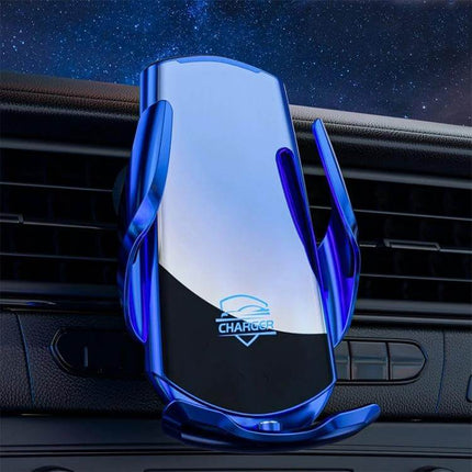 Infrared Induction Wireless Car Charger For Air Vent Mount showing blue automatic clamp on car air vent for hands-free charging