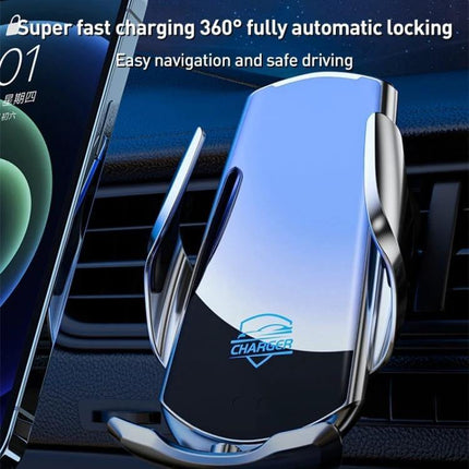 Infrared Induction Wireless Car Charger For Air Vent Mount showing hands-free one-handed mounting on car vent with rear touch control and automatic locking