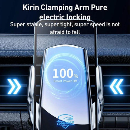 Infrared Induction Wireless Car Charger For Air Vent Mount showing phone held in automatic clamping arms with 100% charge display