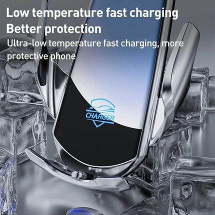Infrared Induction Wireless Car Charger For Air Vent Mount showing phone in silver vent mount with low-temperature fast charging display