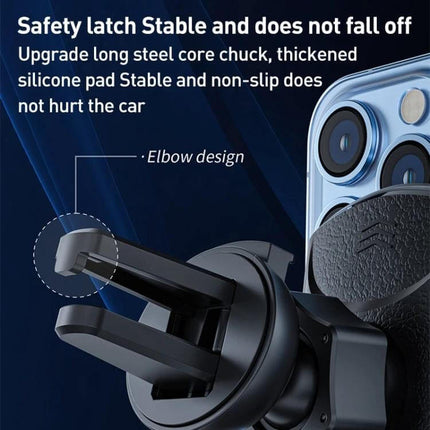 Infrared Induction Wireless Car Charger For Air Vent Mount showing elbow-design safety latch and non-slip silicone pad for stable vent mounting