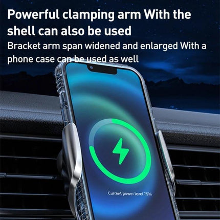 Infrared Induction Wireless Car Charger For Air Vent Mount showing phone clamped and charging on car air vent with powerful clamping arm