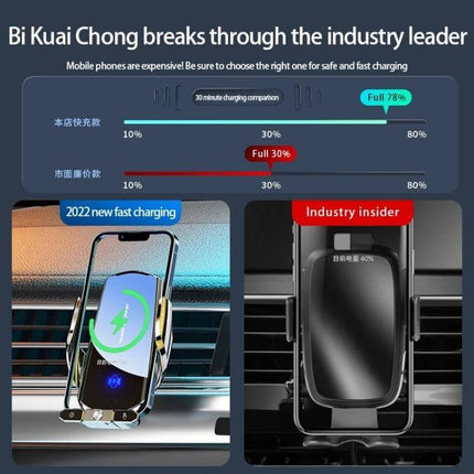 Infrared Induction Wireless Car Charging Holder for Air Outlet vent-mounted fast charging demo with phone and charging comparison graphics