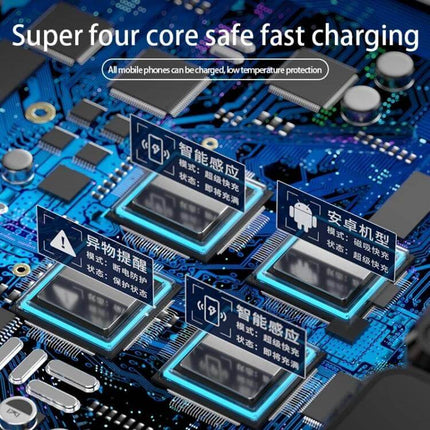 Infrared Induction Wireless Car Charging Holder for Air Outlet showing circuit board with four core fast charging modules and infrared sensing labels