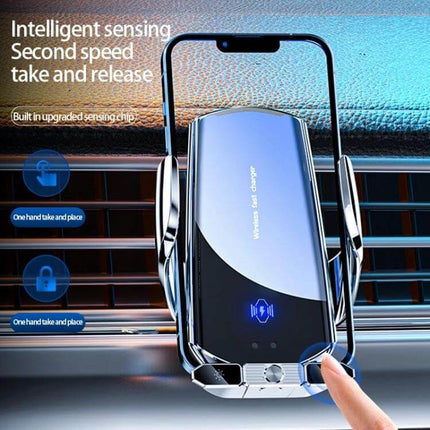 Infrared Induction Wireless Car Charging Holder for Air Outlet mounted on vent holding phone with infrared sensing and one-hand operation