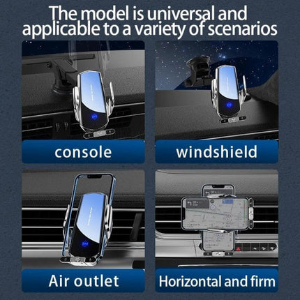 Infrared Induction Wireless Car Charging Holder for Air Outlet mounted on vent, console, windshield showing automatic infrared sensing and secure clamp