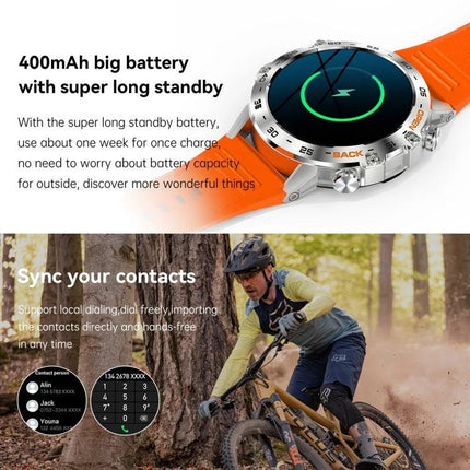 Daily Smart Watch for Tracking Everyday Health and Activity - sleek orange strap smartwatch showing long 400mAh battery and contact sync while biking