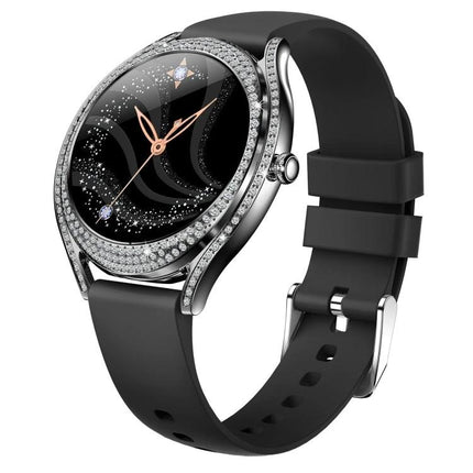 Health Monitoring Watch for Everyday Activity Tracking - stylish black smartwatch with jeweled bezel, step, heart rate and sleep monitoring