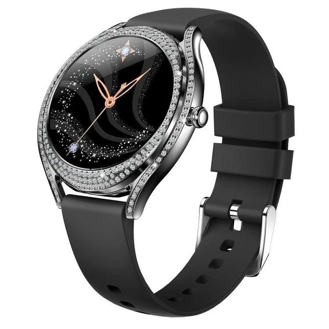 Health Monitoring Watch for Everyday Activity Tracking - stylish black smartwatch with jeweled bezel, step, heart rate and sleep monitoring