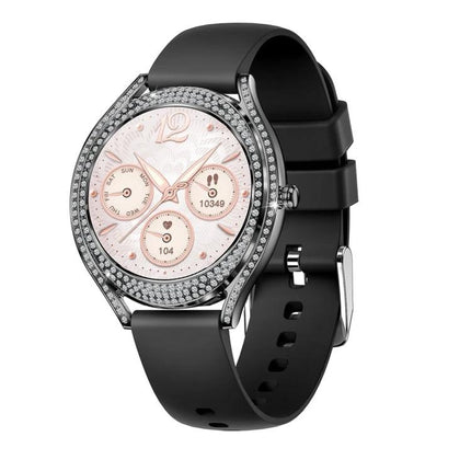 Health Monitoring Watch for Everyday Activity Tracking elegant diamond bezel smartwatch with black silicone band showing step, heart rate, and sleep dials