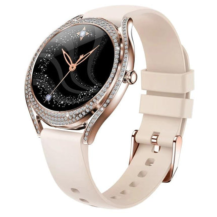 Health Monitoring Watch for Everyday Activity Tracking - elegant rose gold smartwatch with crystal bezel and soft beige strap showing heart rate and step tracking
