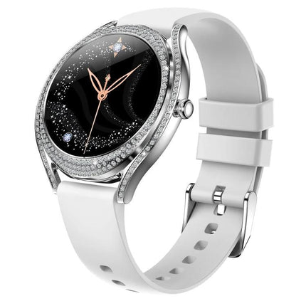Health Monitoring Watch for Everyday Activity Tracking - elegant white smartwatch with crystal bezel showing step, heart rate, and sleep icons