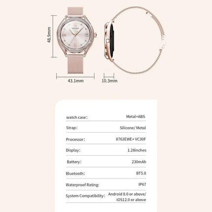 Health Monitoring Watch for Everyday Activity Tracking - rose gold slim case showing front and side views with specs table and dimensions