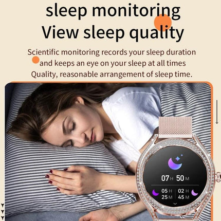Health Monitoring Watch for Everyday Activity Tracking showing sleep monitoring on watch screen with woman sleeping and sleep quality details