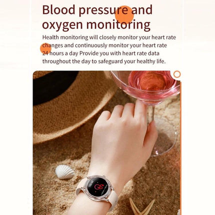 Health Monitoring Watch for Everyday Activity Tracking showing wrist-worn device monitoring heart rate, steps, sleep in casual beach setting