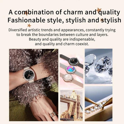 Health Monitoring Watch for Everyday Activity Tracking on wrist showing steps, heart rate, sleep icons with elegant fashion-style display