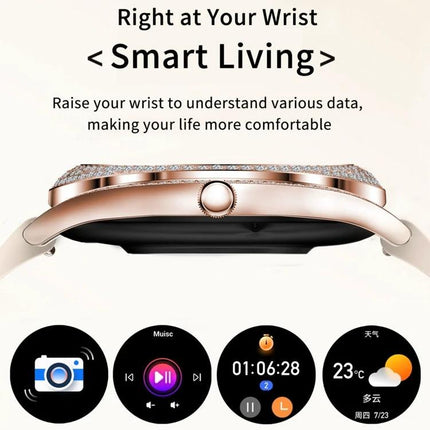 Health Monitoring Watch for Everyday Activity Tracking slim rose gold smartwatch side view showing activity icons and heart rate sleep step tracking