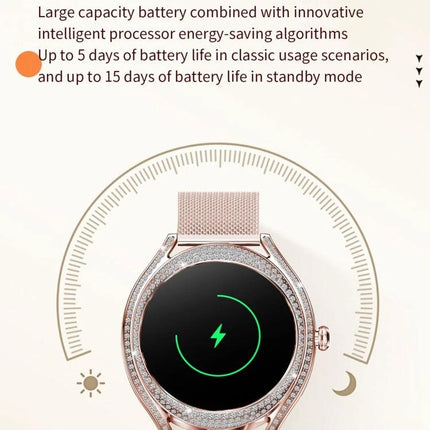 Health Monitoring Watch for Everyday Activity Tracking with rose gold design showing battery life indicator and 5–15 day usage claims