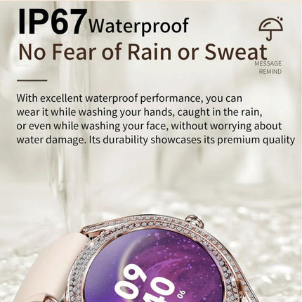 Health Monitoring Watch for Everyday Activity Tracking showing IP67 waterproof smartwatch tracking steps heart rate and sleep in rain