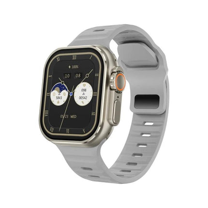 Companion Watch for Daily Routines and Everyday Tasks showing metallic case, touchscreen with activity widgets, gray silicone band and Bluetooth call button