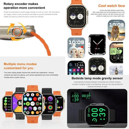 Companion Watch for Daily Routines and Everyday Tasks - smartwatch displaying multiple watch faces, activity tracking, notifications, Bluetooth calls, and bedside lamp mode