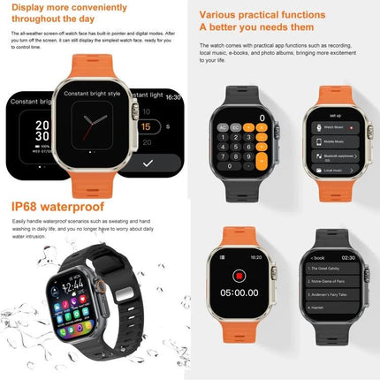 Companion Watch for Daily Routines and Everyday Tasks showing orange and black smartwatches with activity tracking, notifications, Bluetooth calls, and waterproof design