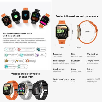 Companion Watch for Daily Routines and Everyday Tasks - orange smartwatch showing notifications, activity tracking, Bluetooth calls, and dimensions