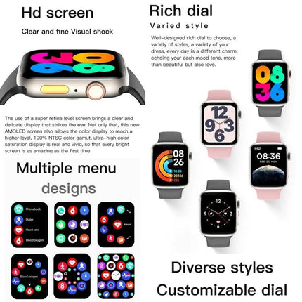 Essential Bracelet for Daily Health and Activity Tracking - smartwatch display showing HD screen, rich dials, multiple menu designs, diverse customizable styles