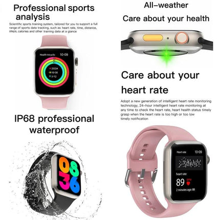 Essential Bracelet for Daily Health and Activity Tracking - pink smartwatch showing heart rate, sleep rings, waterproof and activity modes