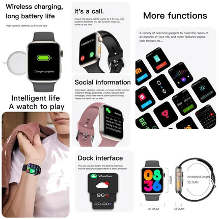 Essential Bracelet for Daily Health and Activity Tracking - black smartwatch showing notifications, sleep and workout modes, wireless charging and dock features