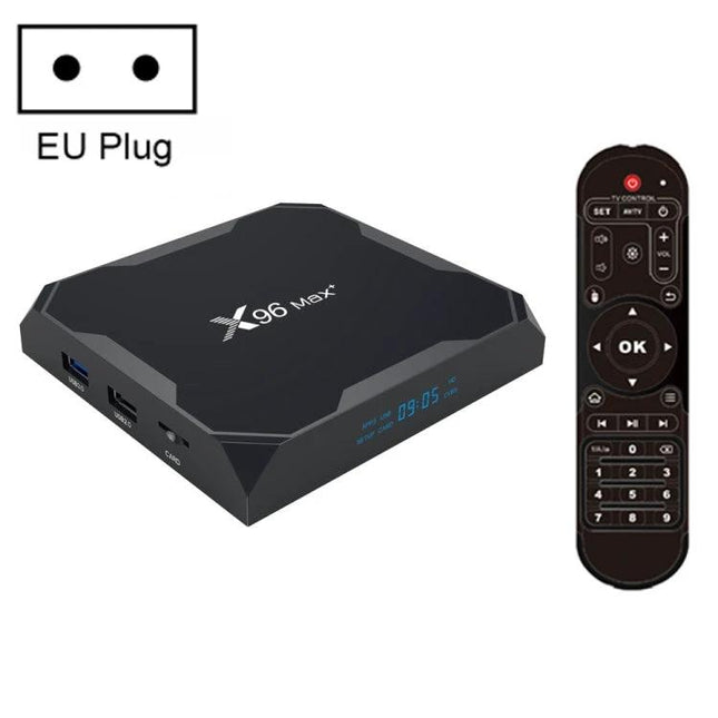 X96 Max+ 4K Smart TV Box with Remote for Media Streaming showing black TV box, LED display, USB ports and remote control with EU plug icon