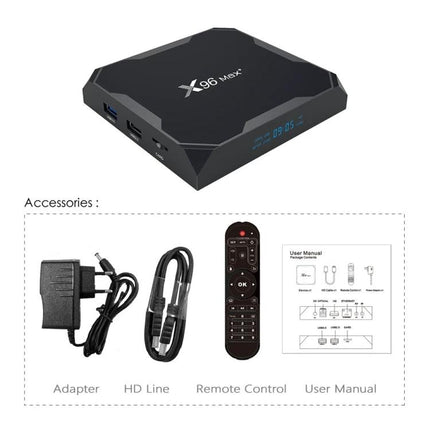 X96 Max+ 4K Smart TV Box with Remote for Media Streaming showing box, HDMI cable, power adapter, remote control and user manual