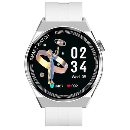 GT3 Smart Bracelet for Daily Health and Activity Tracking sleek silver smartwatch with white band showing time, steps and heart rate on display
