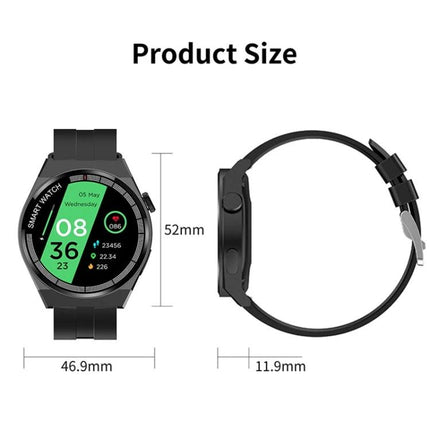 GT3 Smart Bracelet for Daily Health and Activity Tracking - black smartwatch front and side with size dimensions 46.9mm x 52mm x 11.9mm