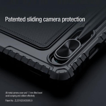 Nillkin Backlit Keyboard Case for Samsung Galaxy Tab S9 Series showing patented sliding camera protection and textured case corner