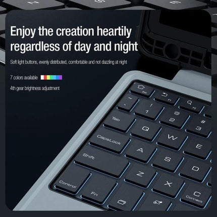 Nillkin Backlit Keyboard Case for Samsung Galaxy Tab S9 Series showing detachable slim backlit keyboard with adjustable 7-color lighting