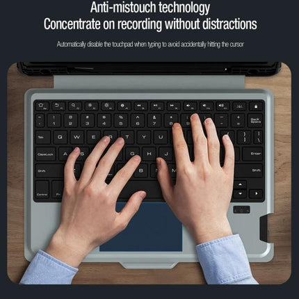 Nillkin Backlit Keyboard Case for Samsung Galaxy Tab S9 Series showing hands typing on detachable backlit keyboard with anti-mistouch touchpad
