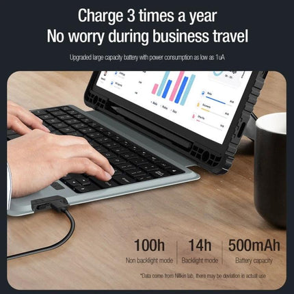 Nillkin Backlit Keyboard Case for Samsung Galaxy Tab S9 Series showing hands typing, USB charging cable, 100h use and 14h backlight