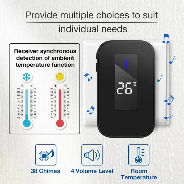Wireless Home Doorbell with Temperature Display and Remote Alert - black receiver showing 26°C, 38 chimes, 4 volume levels, room temperature monitoring